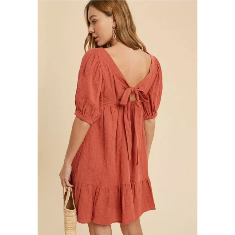SOLD OUT Burnt Coral Gauze Boho Ruffle Babydoll Dress - Picture 6 of 7